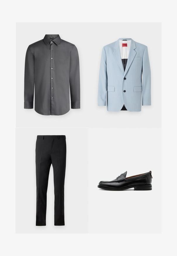 Blazer azul claro, de un solo botón, con dos botones, con solapas de pico, bolsillos frontales, interior con forro negro, textura de tela suave.; Camisa de vestir para hombre de manga larga en gris oscuro con cuello puntiagudo y botones delanteros, mostrada sobre un fondo gris claro.; Pantalones negros con un corte ajustado, que presentan un frente plano, dos pliegues, pasadores para cinturón y una textura suave. Sin patrones ni accesorios visibles.; Mocasín de hombre de piel negra con costura moc toe, tira penny, cuello texturizado y tacón bajo apilado sobre fondo blanco.