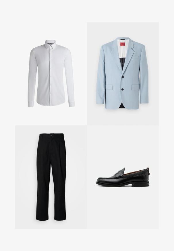 Blazer bleu clair, à un bouton, deux boutons, revers crantés, poches avant, intérieur avec doublure noire, texture de tissu lisse.; Chemise blanche à manches longues en tissu lisse, dotée d'un col boutonné et d'une rangée de boutons sur le devant. Design uni.; Pantalons noirs à jambes droites avec une taille à bouton, passants de ceinture et pli avant, présentés sur un fond blanc uni.; Mocassin homme en cuir noir avec couture moc toe, bride penny, col texturé et petit talon empilé sur fond blanc.