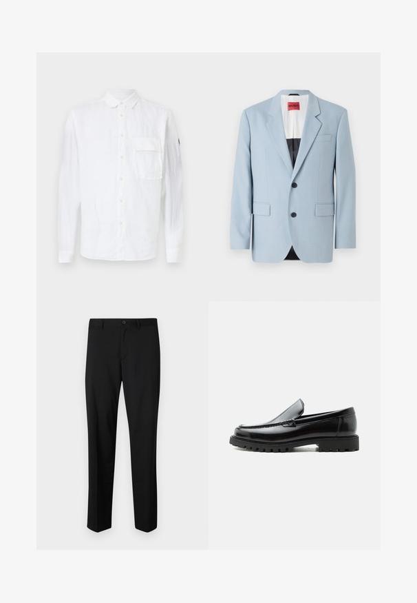 Blazer bleu clair, à un bouton, deux boutons, revers crantés, poches avant, intérieur avec doublure noire, texture de tissu lisse.; Chemise blanche en lin à manches longues avec un devant boutoné, un col pointu, une poche poitrine simple et un logo sur la manche. Texture douce.; Pantalons noirs ajustés avec une coupe plate, taille standard et jambes droites. Fabriqués en tissu lisse, dotés d'une fermeture à un bouton.; Mocassin en cuir noir avec semelle en caoutchouc épaisse, dessus cousu et nom de marque embossé sur le talon, présenté de profil sur fond blanc.