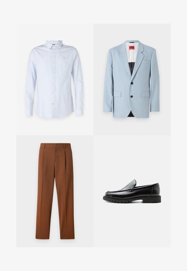 Lichtblauw blazer, enkelvoudig, met twee knopen, revers, voorzakken, interieur met zwarte voering, gladde stoftextuur.; Lichtblauw lang sleevenshirt met een button-down kraag, geweven stof, frontale knoopsluiting en klein geborduurd logo op de borst.; Bruine broeken met een gladde, matte textuur, voorzien van een geplooide voorkant en rechte benen. Gemaakt van lichtgewicht, ademende stof.; Zwarte leren loafer met dikke rubberen zool, gestikte bovenkant en gegraveerde merknaam op de hiel, zijaanzicht op witte achtergrond.