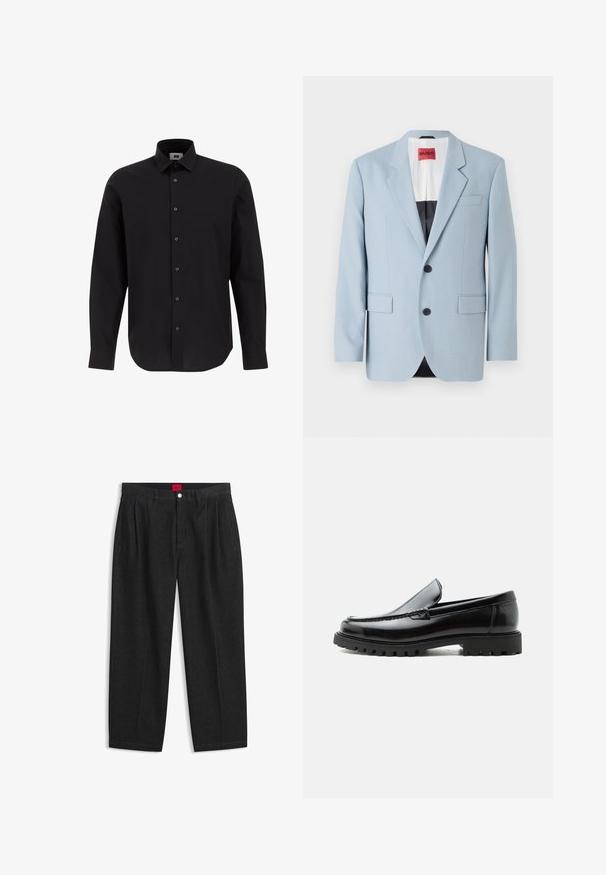 Hellblaues Sakko, einreihig, mit zwei Knöpfen, Reverskragen, Vordertaschen, Innenfutter mit schwarzer Biesen, glatte Stofftextur.; Schwarze Langarm-Hemdbluse aus gewebtem Stoff, ausgestattet mit einem klassischen Kragen, geradem Saum und schwarzen Knöpfen an der Vorderseite.; Schwarze Hose mit hoher Taille, vorderen Falten, Gürtelschlaufen, Knopf- und Reißverschluss sowie einem roten Etikett innen am Bund.; Schwarzer Lederloafer mit grober Gummisohle, genähter Oberseite und geprägtem Markennamen an der Ferse, seitlich auf weißem Hintergrund gezeigt.