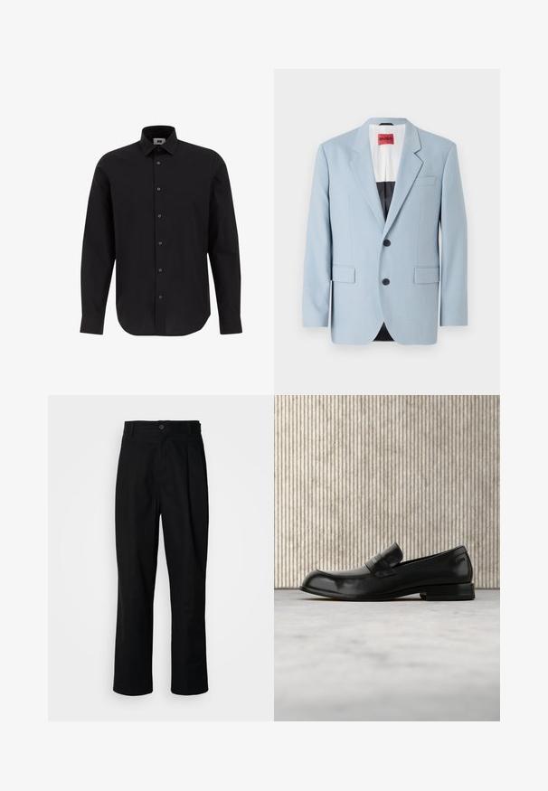 Blazer azul claro, de un solo botón, con dos botones, con solapas de pico, bolsillos frontales, interior con forro negro, textura de tela suave.; Camisa negra de manga larga y botonadura frontal, hecha de tejido entrelazado, con cuello clásico, dobladillo recto y botones negros en el frente.; Pantalones rectos negros con cintura con botones, trabillas para cinturón y pliegue frontal, exhibidos sobre un fondo blanco liso.; Mocasín negro de cuero con detalle metálico, mostrado suspendido sobre una alfombra beige, con una mesa redonda de color ámbar en el fondo.