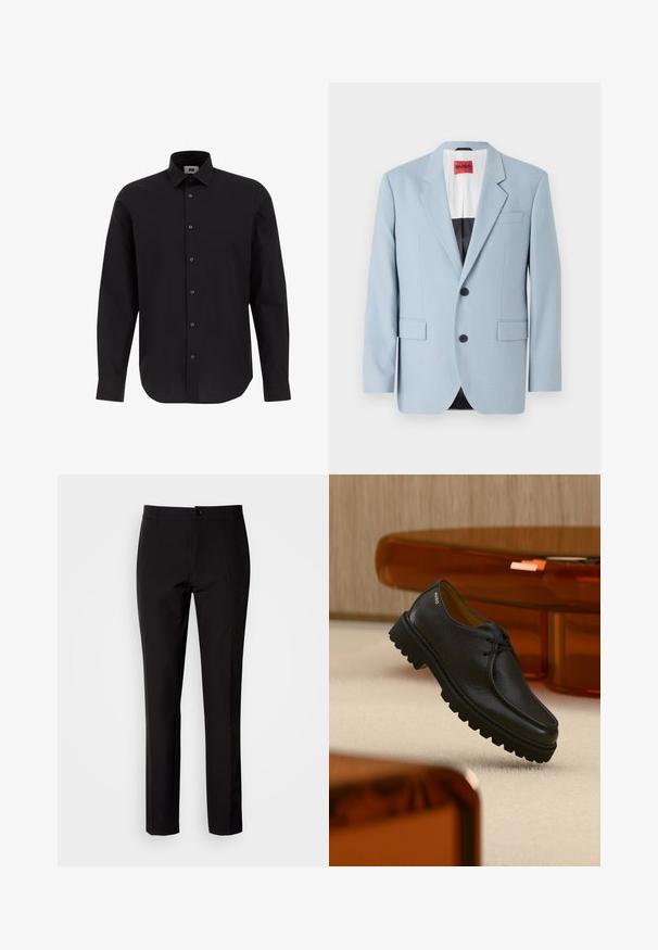 Lys blå blazer, enkeltrækket, to knapper, klippede kraver, forlommer, indvendig med sort foring, glat stofstruktur.; Sort langærmet skjorte med knapper lavet af vævet stof, med klassisk krave, lige kant og sorte knapper langs forsiden.; Sorte bukser lavet af glat stof, med lige ben, lukkes med knapper foran og har diskrete sidelommer. Enkelt og skræddersyet udseende.; Sort tekstureret lædersko med snørebånd og tyk rillet sål, mærket "HUGO" nær hælen, vist mod et beige tæppe og ravfarvet møbel.