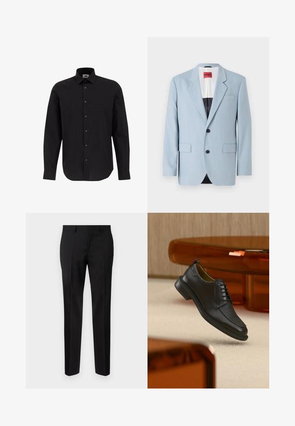 Blazer azul claro, de un solo botón, con dos botones, con solapas de pico, bolsillos frontales, interior con forro negro, textura de tela suave.; Camisa negra de manga larga y botonadura frontal, hecha de tejido entrelazado, con cuello clásico, dobladillo recto y botones negros en el frente.; Pantalones negros de corte ajustado, hechos de una tela suave, con pernera recta, detalles de pinzas refinadas y una cinturilla clásica con ojales para cinturón.; Zapato de vestir negro de piel con cordones y parte delantera texturizada, flotando sobre una alfombra beige en una habitación moderna con muebles de tono ámbar.