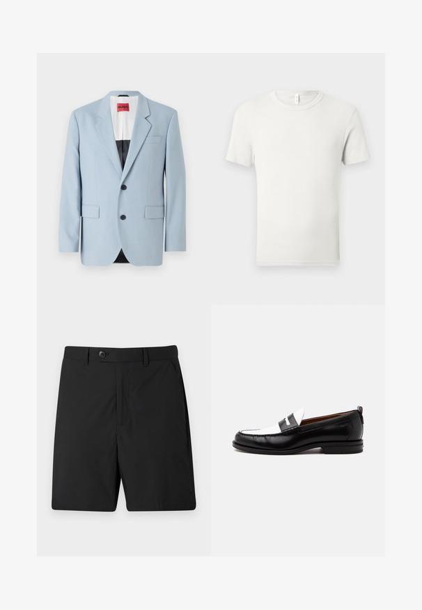 Blazer azul claro, de un solo botón, con dos botones, con solapas de pico, bolsillos frontales, interior con forro negro, textura de tela suave.; Camiseta blanca lisa de manga corta y cuello redondo, extendida sobre una superficie gris claro, con una pequeña etiqueta de tela en el cuello.; Pantalones cortos negros de tejido ligero, con cierre de botón, dos bolsillos laterales y corte recto. Textura suave y diseño sencillo.; Mocasín de cuero blanco y negro con detalles cosidos, tacón bajo y diseño tipo slip-on, mostrado de lado sobre un fondo liso.