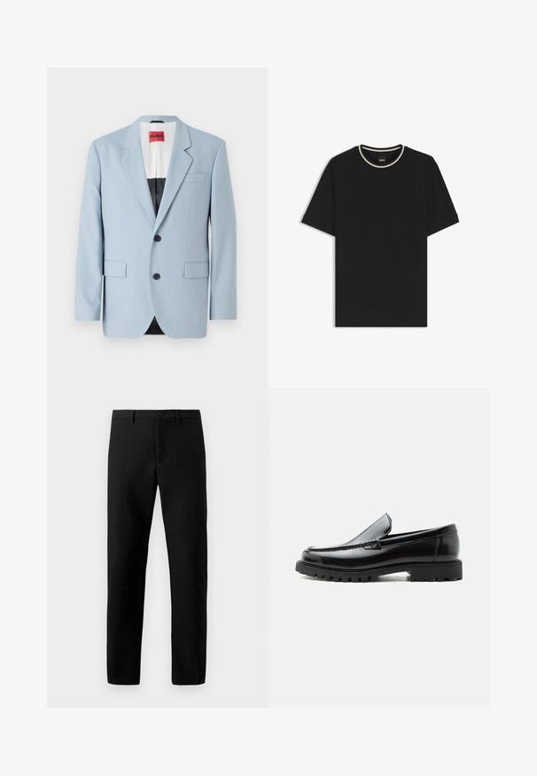 Lys blå blazer, enkeltrækket, to knapper, klippede kraver, forlommer, indvendig med sort foring, glat stofstruktur.; Sort T-shirt med korte ærmer og rund hals, med hvidt og gyldent stribet kantbånd på kraven, mærket BOSS inde ved halsen.; Sorte bukser lavet af glat stof, med knaplukning, lige ben design og ingen synlige mønstre, med rene linjer.; Sort læderloafer med chunky gummisål, syet overdel og præget mærkenavn på hælen, vist i sideprofil på hvid baggrund.