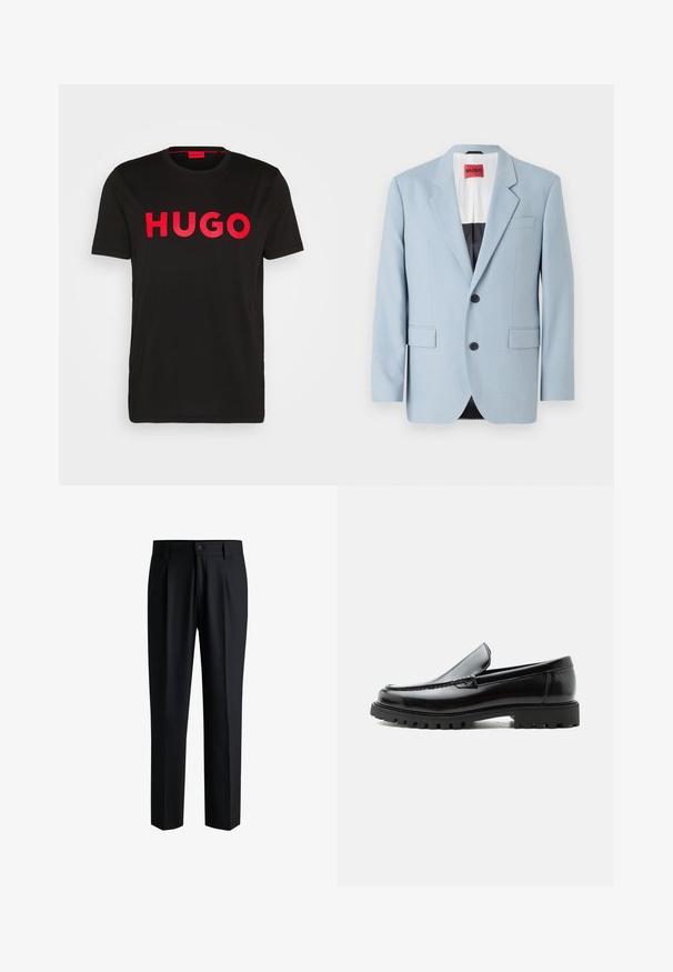 Blazer bleu clair, à un bouton, deux boutons, revers crantés, poches avant, intérieur avec doublure noire, texture de tissu lisse.; T-shirt en coton noir avec le texte "HUGO" en rouge vif sur le devant, manches courtes, col rond et coupe décontractée.; Pantalons noirs en tissu lisse, avec une coupe droite, des plis à l'avant et une fermeture à bouton avec passants de ceinture.; Mocassin en cuir noir avec semelle en caoutchouc épaisse, dessus cousu et nom de marque embossé sur le talon, présenté de profil sur fond blanc.