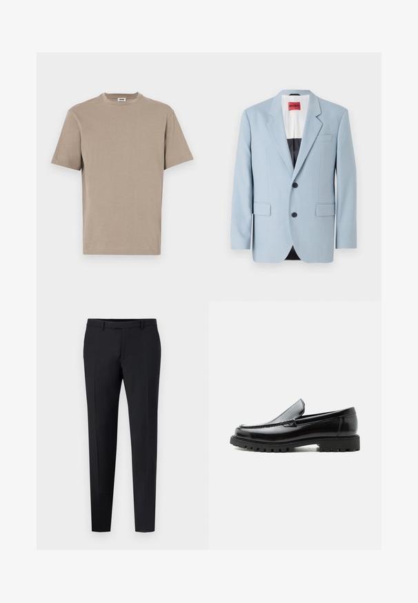 Lys blå blazer, enkeltrækket, to knapper, klippede kraver, forlommer, indvendig med sort foring, glat stofstruktur.; Beige bomulds t-shirt med rund hals, korte ærmer og lige kant. Glat tekstur, minimalistisk design, ingen synlige grafik eller accenter.; Sorte skræddersyede bukser med slim fit, der har flad front, bæltestropper og ingen synlige mønstre eller detaljer. Glat tekstur.; Sort læderloafer med chunky gummisål, syet overdel og præget mærkenavn på hælen, vist i sideprofil på hvid baggrund.