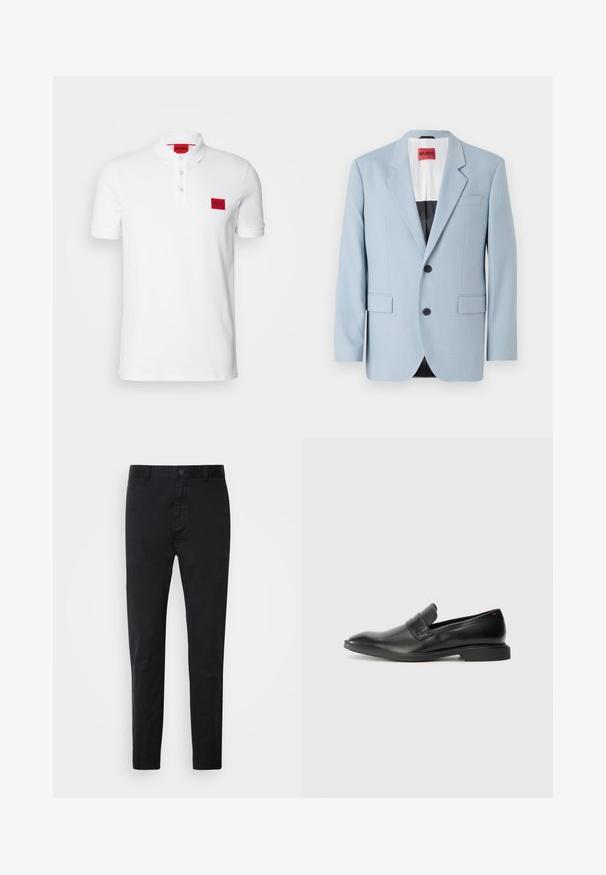 Blazer bleu clair, à un bouton, deux boutons, revers crantés, poches avant, intérieur avec doublure noire, texture de tissu lisse.; Polo shirt blanc en coton, doté d'un col à trois boutons, de manches courtes et d'un patch rectangulaire rouge sur la poitrine gauche.; Chinos noirs avec une texture lisse, fermeture à bouton et design fuselé. Idéal pour une tenue décontractée ou semi-formelle.; Mocassins en cuir noir avec une texture lisse, un nez pointu et un petit talon rectangulaire. Présente un détail de bande horizontale sur le dessus.