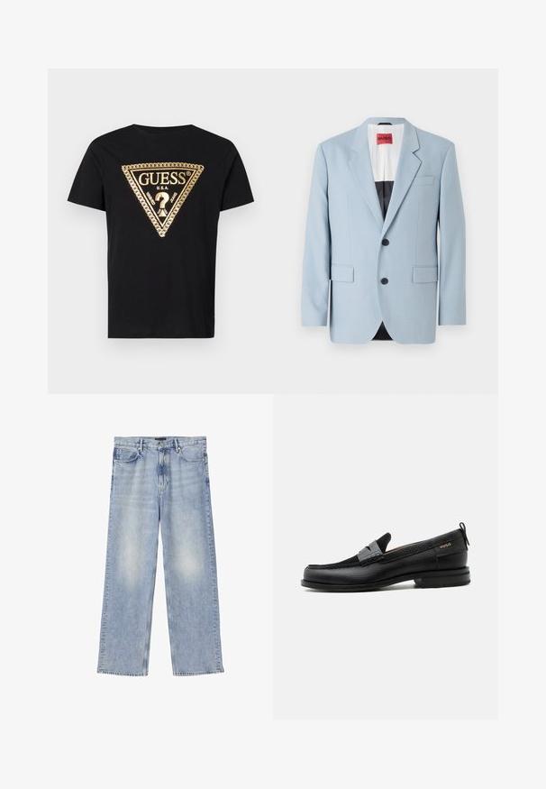 Lichtblauw blazer, enkelvoudig, met twee knopen, revers, voorzakken, interieur met zwarte voering, gladde stoftextuur.; Guess CHAIN - T-shirt print - jet black; Lichtblauwe straight-leg spijkerbroek met vijf zakken, riemlussen en een knoopsluiting.; Zwarte leren loafer met grijs riemdetailelement, lage hak en gestructureerde zool, aan de zijkant gebrandmerkt met "HUGO" in goud.