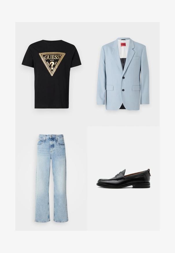 Hellblaues Sakko, einreihig, mit zwei Knöpfen, Reverskragen, Vordertaschen, Innenfutter mit schwarzer Biesen, glatte Stofftextur.; Guess CHAIN - T-Shirt print - jet black; Helle blaue weite Jeans mit hoher Taille, in verwaschenem Finish, mit Gürtelschlaufen und klassischem Fünf-Taschen-Design. Der Saum ist ungesäumt.; Schwarzer Leder-Herrenschuh mit Mokassinnaht, Penny-Riemen, strukturiertem Kragen und niedrigem gestapeltem Absatz auf weißem Hintergrund.