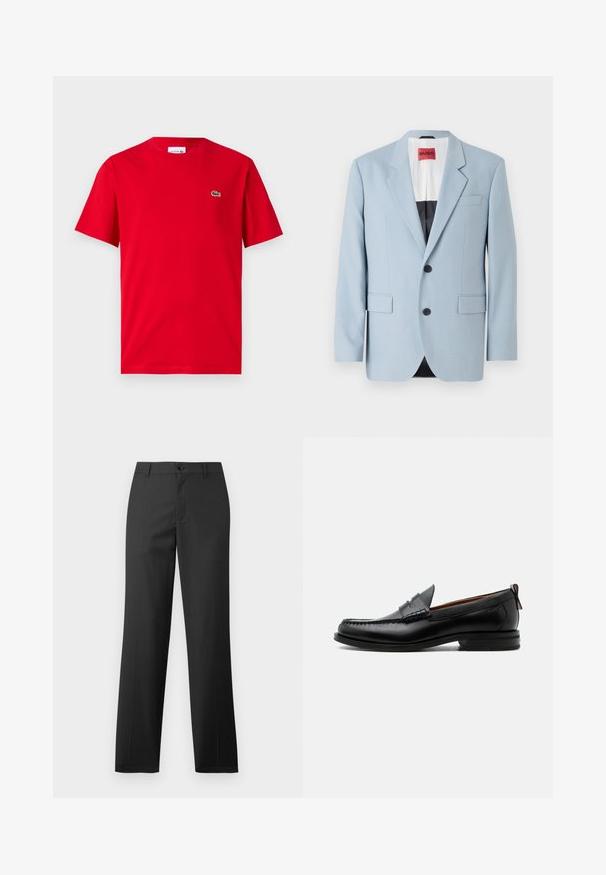 Lys blå blazer, enkeltrækket, to knapper, klippede kraver, forlommer, indvendig med sort foring, glat stofstruktur.; Rød bomulds T-shirt med korte ærmer, rund hals, og et lille grønt krokodillelogo på venstre bryst. Glat tekstur, afslappet pasform.; Samsøe Samsøe SAJOHNNY TROUSERS - Bukser - turkish coffee; Sort læder herre loafer med moc-tå syning, penny strop, struktureret krave og lav stablet hæl på hvid baggrund.