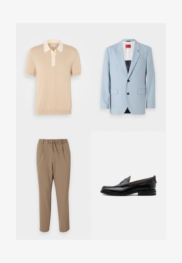Vaaleansiniset blazerit, yksiriviset, kaksi nappia, neliskulmaiset käänteet, etutaskut, mustalla vuorilla varustettu sisustus, sileä kangas.; Vaaleanbeige polo-paita, joka on valmistettu pehmeästä neuloksesta. Siinä on erottuva kaulus ja kaksipainikeinen nappilista. Rinnassa on hillitty brändäys.; Beige tapered-housut, joissa on naruvyötärö, sivutaskut ja sileä pinta. Ei näkyviä kuvioita tai lisäkoristeita.; Miesten musta nahka loafer mokkakengännissäpäällysteisesti, pennihihnalla, teksturoidulla kauluksella ja matalalla pinotulla korolla valkoisella taustalla.