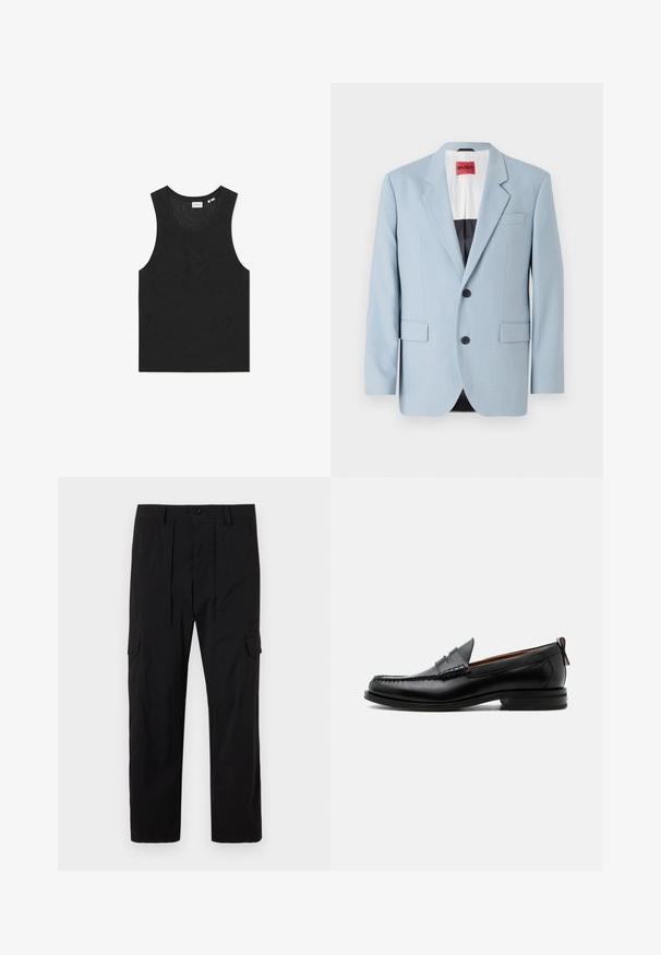 Lys blå blazer, enkeltrækket, to knapper, klippede kraver, forlommer, indvendig med sort foring, glat stofstruktur.; Sort tanktop med et tekstureret mønster, uden ærmer og rund halsudskæring. Fremstillet af let strikmateriale.; Sorte cargo bukser lavet af letvægtsstof, med lige ben design, frontfald, sidelommer og knaplukning.; Sort læder herre loafer med moc-tå syning, penny strop, struktureret krave og lav stablet hæl på hvid baggrund.