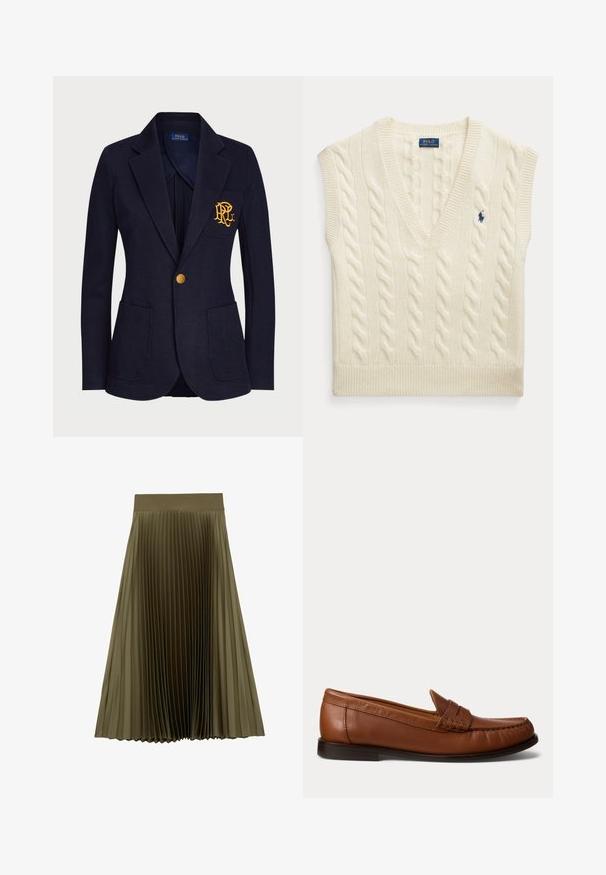 Marineblauer Blazer mit goldfarbenem Knopf, zwei Fronttaschen und golden besticktem Logo auf der linken Brusttasche.; Ärmellose, cremefarbene Weste mit Zopfmuster, V-Ausschnitt und kleinem dunkelblauem Polo Ralph Lauren-Logo auf der Brust.; Olivgrüner Midirock mit breitem, glattem Bund und gleichmäßig verteilten schmalen Falten.; Brauner Lederloafer mit niedrigem schwarzem Absatz, Moc-Toe-Naht und einem dekorativen Riemen oben, vor weißem Hintergrund gezeigt.