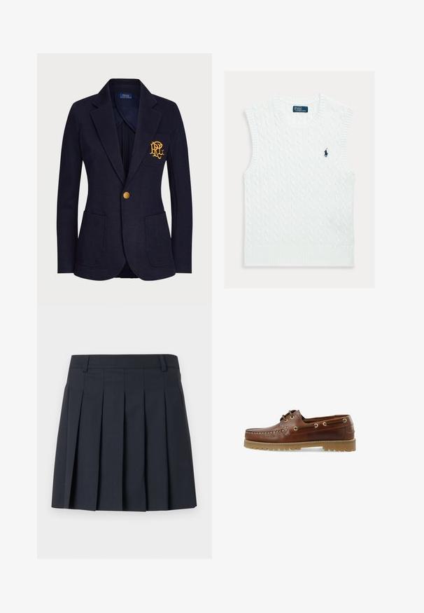 Marineblå blazer med guldknap, to forlommer og guldbroderet logo på venstre brystlomme.; Hvid ærmeløs sweater med et kabelstrikket mønster, ribbet halsudskæring og kant, med en lille blå broderet logo på brystet.; Mørkeblå plisseret nederdel med flad linning, lavet af glat stof. Har flere lodrette plisser og et skræddersyet design.; Brune læder bådsko med lav skæring, snøredesign, metaløjer og en tekstureret gummisål, der har stikninger foran.