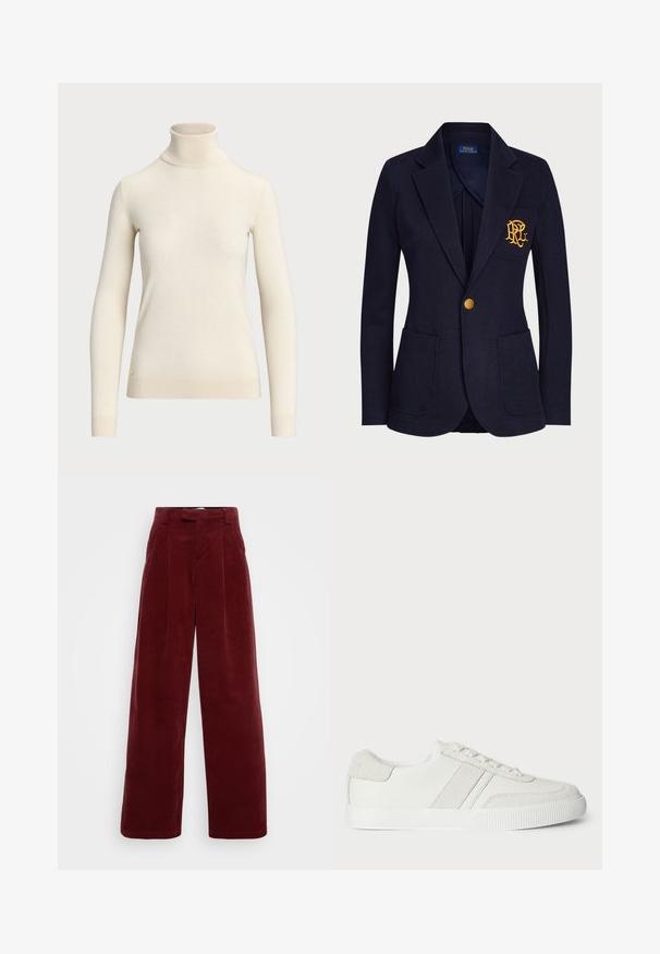 Marineblazer aus strukturiertem Stoff mit einem goldenen Knopf und einem gestickten Logo auf der Brusttasche. Verfügt über zwei Fronttaschen.; Cremfarbener Rollkragenpullover aus weichem Stoff, mit langen Ärmeln und tailliertem Design. Mit kleinem goldenen Logo am Saum.; ONLY Tall ONLSVEA NESSA CORD WIDE - Stoffhose - cabernet; Weiße Sneaker mit einem Obermaterial aus glattem Leder, Wildlederakzenten und flachen Schnürsenkeln. Verfügt über eine strukturierte Gummisohle und ein minimalistisches Design.
