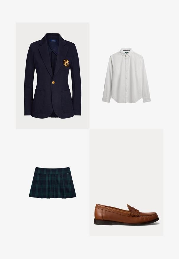 Marineblå blazer med guldknap, to forlommer og guldbroderet logo på venstre brystlomme.; Langærmet hvid skjorte med knapper og button-down krave, vist på en hvid baggrund.; Rynket nederdel med tern i mørkegrøn og marineblå med en glat talje og logo-accent. Har et klassisk, lagdelt rynkedesign.; Brun læderloafer med lav sort hæl, mok-tå-syning og en dekorativ rem over toppen, vist mod en hvid baggrund.