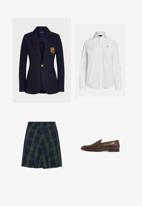 Veste bleu marine avec bouton doré, deux poches avant et logo brodé en or sur la poche poitrine gauche.; Chemise blanche à manches longues, boutonnée avec col et petit logo brodé sur la poitrine gauche, présentée sur fond uni.; Jupe plissée bleu marine et verte avec un motif tartan et une fermeture éclair au dos.; Mocassin en cuir marron avec un bout arrondi, présentant un accent en matériel doré sur la tige. Semelle plate avec des détails de coutures subtils.