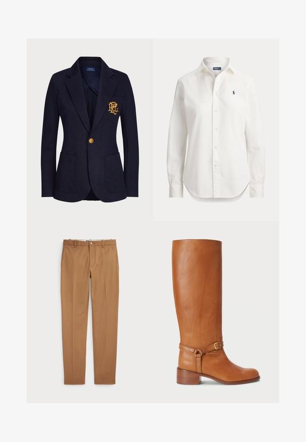 Marineblå blazer med guldknap, to forlommer og guldbroderet logo på venstre brystlomme.; Hvid langærmet skjorte med knapper, krave og lille blåt logo af en polospiller på venstre bryst.; Brune bomuldsbukser med slim-fit design, flad front og standard lommer; glat tekstur og opkradset afslutninger.; Høje brune læderstøvler med en glat overflade, udstyret med en sidelukning og en stablet hæl. Overdelen har et rent, udekoreret design.