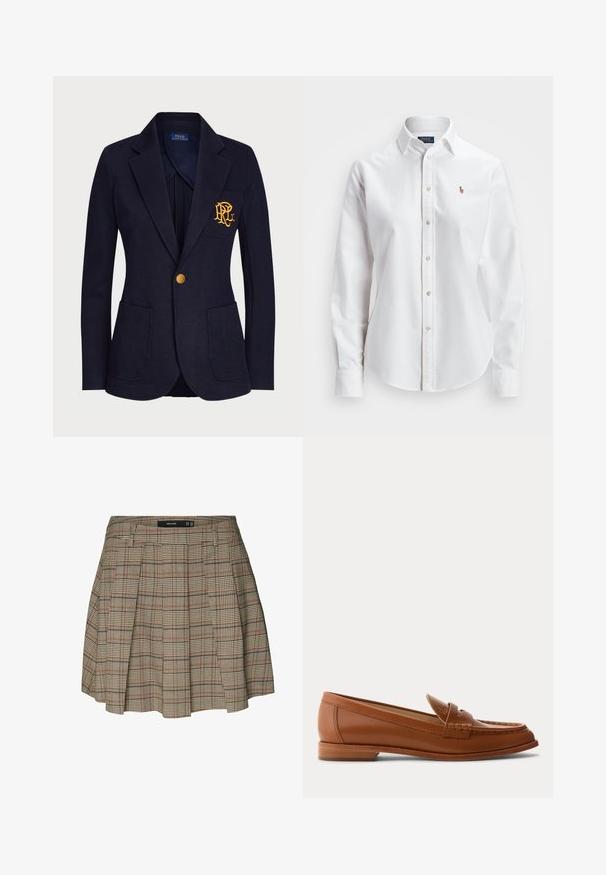 Marineblå blazer med guldknap, to forlommer og guldbroderet logo på venstre brystlomme.; Hvid langærmet skjorte med knapper lavet af bomuld, der har en klassisk krave og et lille broderet logo på brystet.; Vero Moda VMELLIE Mid waist Mini - A-snit nederdel - silver mink; Brun læderloafer med lavt træsål, klassisk penny-rem og syet detalje langs tå og sider.