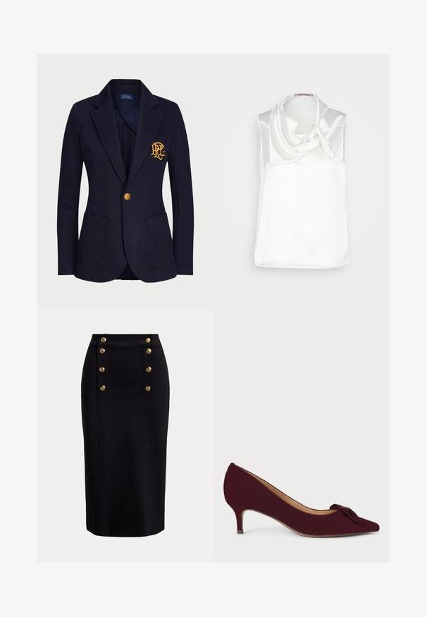 Námornícka modrá sako so zlatým gombíkom, dvoma prednými vreckami a zlatým vyšívaným logom na ľavom náprsnom vrecku.; Anna Field by Zalando Blúzka - white; Čierna ceruzková sukňa po kolená s vertikálnym predným panelom a dvoma radmi po šesť zlatých dekoratívnych gombíkov.; Bordové semišové lodičky s špicatou špičkou, malým opätkom a uzlovou mašľou na prednej časti; hladká textura a elegantný dizajn.