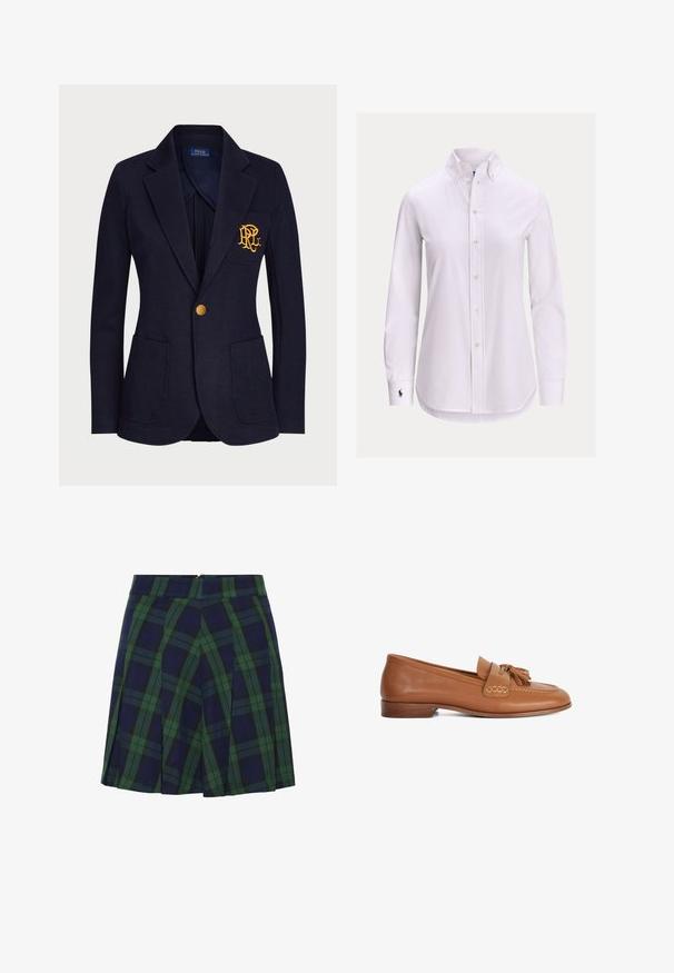 Veste bleu marine avec bouton doré, deux poches avant et logo brodé en or sur la poche poitrine gauche.; Chemise blanche à manches longues avec col boutonné et petit logo brodé sur le poignet gauche.; Jupe plissée bleu marine et verte avec un motif tartan et une fermeture éclair au dos.; Mocassins en cuir couleur tabac avec un bout arrondi, ornés d'un détail de pampille à l'avant, des accents cousus, et un petit talon en bois. Texture de surface lisse.