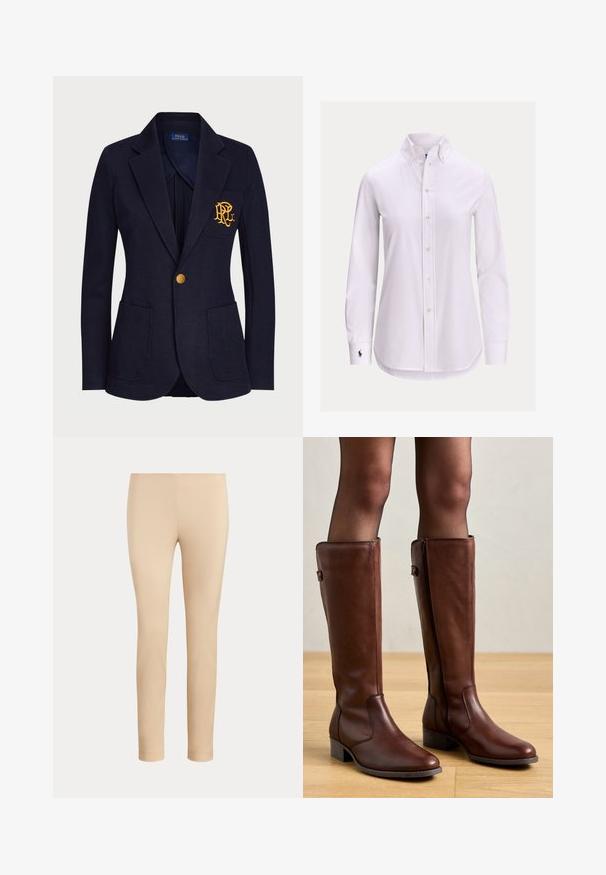 Marineblå blazer med guldknap, to forlommer og guldbroderet logo på venstre brystlomme.; Hvid langærmet skjorte med knapper foran, knappet krave og lille broderet logo på venstre manchet.; Beige slim-fit ankellange bukser med en glat finish og uden synlige lommer eller pynt på en ensfarvet baggrund.; Anna Field by Zalando LEATHER - Høje støvler/ Støvler - brown