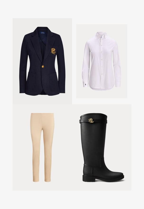 Marineblå blazer med guldknap, to forlommer og guldbroderet logo på venstre brystlomme.; Hvid langærmet skjorte med knapper foran, knappet krave og lille broderet logo på venstre manchet.; Beige slim-fit ankellange bukser med en glat finish og uden synlige lommer eller pynt på en ensfarvet baggrund.; Sort knæhøj gummistøvle med lav hæl og en guldfarvet RLL-logo spænde nær toppen på en ensartet lys baggrund.