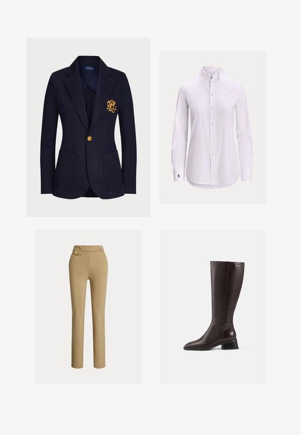 Marineblauer Blazer mit goldfarbenem Knopf, zwei Fronttaschen und golden besticktem Logo auf der linken Brusttasche.; Weißes langärmliges Hemd mit Knopfleiste, geknöpftem Kragen und kleinem gesticktem Logo auf der linken Manschette.; Beige Maßhose mit glatter Textur, hoher Taille, zwei dekorativen Knöpfen und einer einzelnen Gesäßtasche. Gerade Beinform.; Knöchelhohe, braune Lederstiefel mit glatter Oberfläche, abgerundeter Spitze und gestapeltem schwarzen Absatz. Schlichtes Design mit minimalen Hardware-Details.