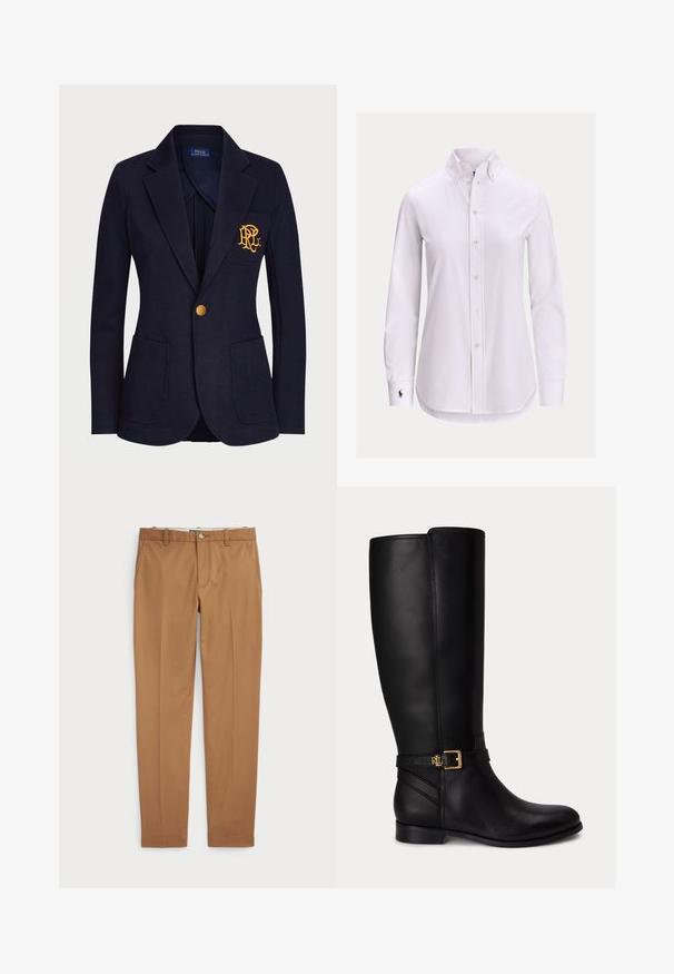 Marineblauw colbert met gouden knoop, twee voorzakken en goud geborduurd logo op de linkerborstzak.; Witte blouse met lange mouwen, knoopsluiting, een knoopsluitkraag en een klein geborduurd logo op de linkermanchet.; Bruine katoenen broeken met een slim-fit ontwerp, vlakke voorkant en standaardzakken; gladde textuur en afgewerkte manchetten.; Zwarte kniehoge leren laars met lage hak, gouden gesp en klein reliëflogo op de zijriem.