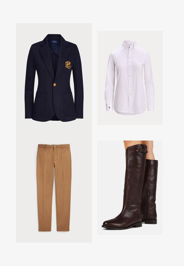 Blazer azul marino con botón dorado, dos bolsillos delanteros y logotipo bordado en oro en el bolsillo izquierdo del pecho.; Camisa blanca de manga larga con botones, cuello abotonado y un pequeño logotipo bordado en el puño izquierdo.; Pantalones de algodón marrón con un diseño ajustado, parte delantera plana y bolsillos estándar; textura suave y puños dobladillos.; Botas altas de cuero marrón hasta la rodilla con punta redonda, cremallera lateral y un pequeño detalle de hebilla en la parte superior, con una textura suave.