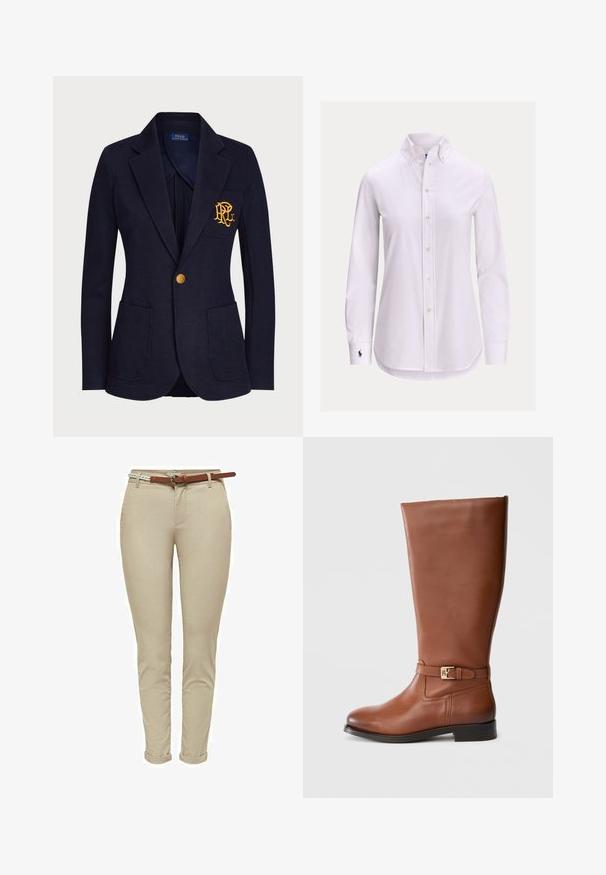 Veste bleu marine avec bouton doré, deux poches avant et logo brodé en or sur la poche poitrine gauche.; Chemise blanche à manches longues avec col boutonné et petit logo brodé sur le poignet gauche.; Pantalons beige ajustés en coton avec une texture lisse, dotés d'une ceinture en cuir marron et de revers roulés pour plus de détails.; Botte haute jusqu'au genou en cuir marron avec un design droit, semelle plate et détail boucle dorée à la cheville. Texture lisse, coutures minimales.