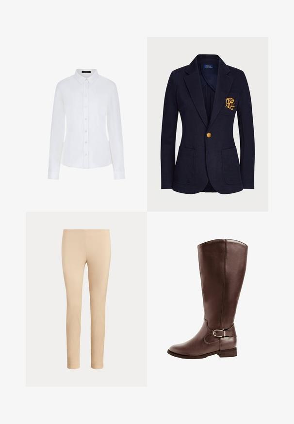Veste bleu marine avec bouton doré, deux poches avant et logo brodé en or sur la poche poitrine gauche.; Chemise blanche à manches longues avec un col, fermeture à boutons sur le devant et poignets. Fabriquée en tissu lisse, avec un design ajusté et sans motifs visibles.; Pantalon beige slim fit longueur cheville avec une finition lisse, sans poches visibles ni ornements, sur un fond uni.; Botte en cuir marron, haute jusqu'au genou, avec un bout rond, une texture lisse et un détail de boucles décoratif au niveau de la cheville, ainsi qu'un petit talon empilé.