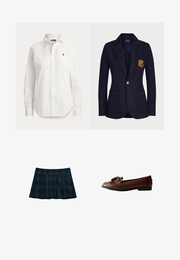 Marineblå blazer med guldknap, to forlommer og guldbroderet logo på venstre brystlomme.; Hvid langærmet skjorte med knapper, krave og lille blåt logo af en polospiller på venstre bryst.; Rynket nederdel med tern i mørkegrøn og marineblå med en glat talje og logo-accent. Har et klassisk, lagdelt rynkedesign.; Brun læder loafers med flad sål, detaljeret med en sløjfe og frynseaccent foran, med en glat tekstur og slank design.