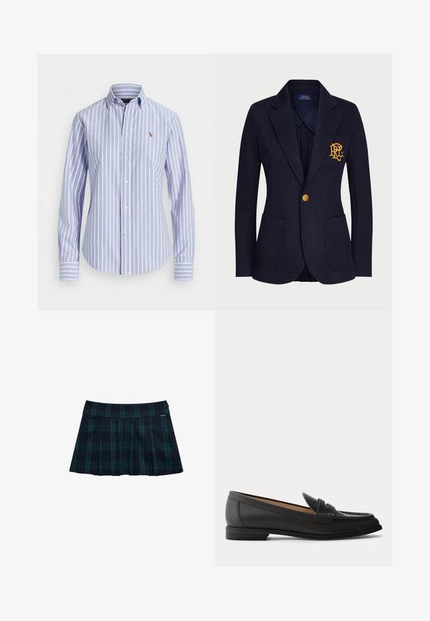 Marineblå blazer med guldknap, to forlommer og guldbroderet logo på venstre brystlomme.; Lyseblå og hvide lodrette stribede langærmet skjorte med knapper, krave og lille broderet logo på brystet.; Rynket nederdel med tern i mørkegrøn og marineblå med en glat talje og logo-accent. Har et klassisk, lagdelt rynkedesign.; Sort dames loafer i læder med lav hæl, rundet tå og syninger på overdelen, vist fra siden på en ensfarvet baggrund.