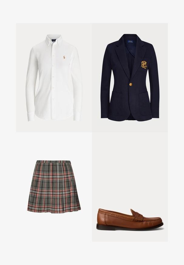 Marineblå blazer med guldknap, to forlommer og guldbroderet logo på venstre brystlomme.; Hvid skjorte med lange ærmer og knapper, med knaplukket krave og lille broderet polo-spillerlogo på brystet.; Rutnederdel i grå og pink med plisseret design og sorte og hvide accenter. Fremstillet af vævet stof, midt på låret længde.; Brun læderloafer med lav sort hæl, mok-tå-syning og en dekorativ rem over toppen, vist mod en hvid baggrund.