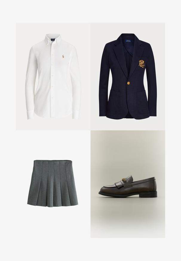 Marineblå blazer med guldknap, to forlommer og guldbroderet logo på venstre brystlomme.; Hvid skjorte med lange ærmer og knapper, med knaplukket krave og lille broderet polo-spillerlogo på brystet.; Grå plisseret nederdel lavet af let stof, med en tætsiddende talje og strukturerede plisser, der skaber en svungen silhuet.; Mørkebrun læderloafer med frynser og guldbeslag på sort sål, vist fra siden på en neutral baggrund.