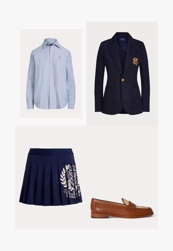 Marineblå blazer med guldknap, to forlommer og guldbroderet logo på venstre brystlomme.; Lyseblå skjorte med lange ærmer og knapper, med spids krave og lille broderet logo på venstre bryst.; Marineblå plisseret nederdel med bred linning og hvid tennisinspireret logo på nederste højre side.; Brun læderloafer med vævet beige panel på toppen, lavt træhæl og traditionelt penny-strap design på hvid baggrund.