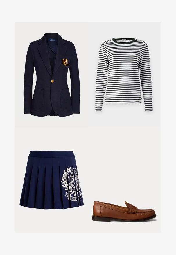 Marineblå blazer med guldknap, to forlommer og guldbroderet logo på venstre brystlomme.; Langærmet skjorte i sort og hvid stribet design med en rund, grøn halsudskæring. Blødt stof med normal pasform og lige søm.; Marineblå plisseret nederdel med bred linning og hvid tennisinspireret logo på nederste højre side.; Brun læderloafer med lav sort hæl, mok-tå-syning og en dekorativ rem over toppen, vist mod en hvid baggrund.