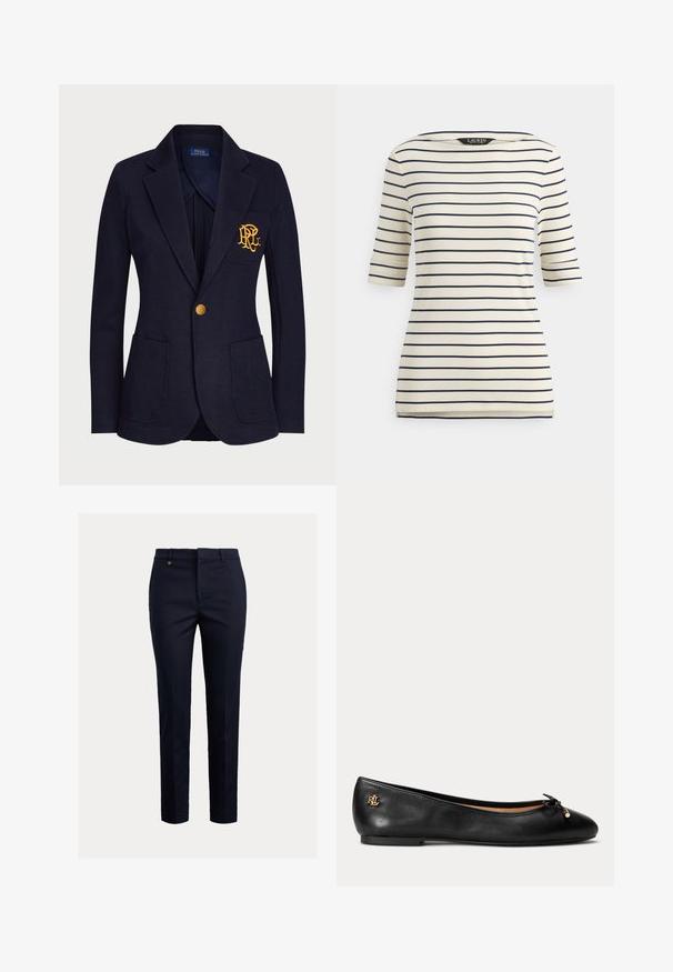 Veste bleu marine avec bouton doré, deux poches avant et logo brodé en or sur la poche poitrine gauche.; Chemise à manches trois-quarts rayée crème et bleu marine, avec encolure bateau et légères fentes latérales à l'ourlet.; Pantalon chino marine en mélange de coton, coupe fuselée, devant plat, poches latérales et une poche arrière unique ; orné d'un petit logo doré.; Ballerine en cuir noir avec petit nœud et détail de logo doré au talon, semelle plate et bout arrondi.