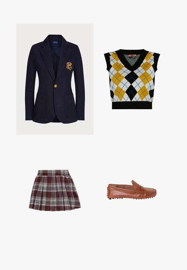 Marineblå blazer med guldknap, to forlommer og guldbroderet logo på venstre brystlomme.; Ærmeløs sweater med V-halsdesign, der har et argyle-mønster i gule, sorte, hvide og blå nuancer. Fremstillet af blødt strikmateriale.; Rød og sort ternet plisseret nederdel med et struktureret stof. Har en tætsiddende talje og et svungent design med skiftende hvide og grønne linjer.; Brun læder slip-on loafer med pennyremdetail og gummidupper på sålen for greb, vist fra siden.