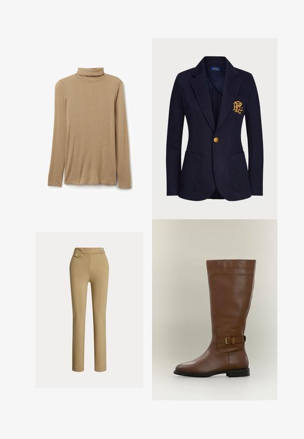 Marineblauer Blazer mit goldfarbenem Knopf, zwei Fronttaschen und golden besticktem Logo auf der linken Brusttasche.; Beiges Langarm-Rollkragenshirt mit tailliertem Schnitt, flach auf weißem Hintergrund präsentiert.; Beige Maßhose mit glatter Textur, hoher Taille, zwei dekorativen Knöpfen und einer einzelnen Gesäßtasche. Gerade Beinform.; Hoher brauner Lederstiefel mit seitlichem Schnallenriemen und niedriger schwarzer Sohle, fotografiert vor neutralem Hintergrund.