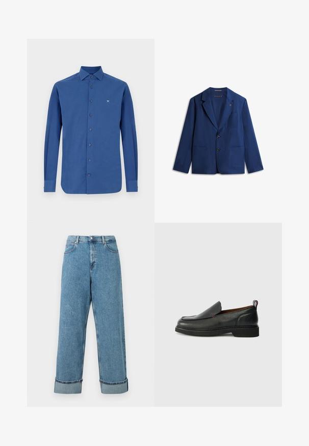 Blazer azul marino de hombre con dos botones, solapa con muesca, tres bolsillos delanteros y un pequeño detalle de pin en la solapa izquierda.; Camisa azul de manga larga hecha de algodón, con un cierre frontal de botones, un cuello clásico y un sutil bordado del logo en el pecho.; Jeans de mezclilla azul de tiro alto con piernas anchas y dobladillos enrollados, que cuentan con bolsillos frontales y presillas para cinturón.; Zapato negro de cuero tipo mocasín con punta redondeada, parte superior texturizada, costuras rojas en contraste y un tacón bajo. Cuenta con una tira de agarre en la parte posterior.