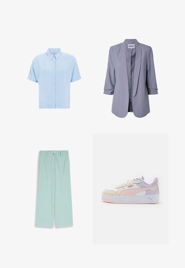 Blazer de mujer color púrpura claro con mangas fruncidas hasta tres cuartos, delantero abierto y cuello de solapa suave, con la etiqueta "PIECES" en el interior del escote.; Camisa de manga corta azul claro hecha de una tela suave, con un cierre de botones en la parte delantera y un cuello clásico. Textura lisa y corte relajado.; Pantalones de pierna ancha en azul claro, con cintura alta, cierre de doble botón, trabillas para cinturón y pliegues frontales sutiles.; Zapatillas de hombre en crema, rosa y lavanda, con piel sintética, cordones blancos, suela gruesa blanca y acentos de logo en dorado.