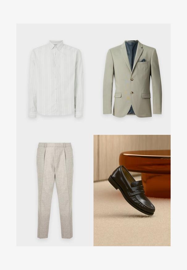 Blazer gris claro con dos botones dorados, solapas con muesca y un bolsillo en el pecho con un acento azul. Tejido suave y corte ajustado.; Camisa de manga larga gris claro con rayas verticales blancas, con botones en el frente y un cuello clásico. Presenta detalles en los puños de las mangas.; Pantalones de corte entallado en gris claro con una tela texturizada, que presentan un frente plano, dos pinzas en la parte delantera y piernas delgadas y acampanadas, que terminan justo por encima de los tobillos.; Mocasín de cuero negro brillante con detalle de correa, colocado sobre una alfombra beige cerca de una mesa de café redonda marrón en una habitación con iluminación suave.