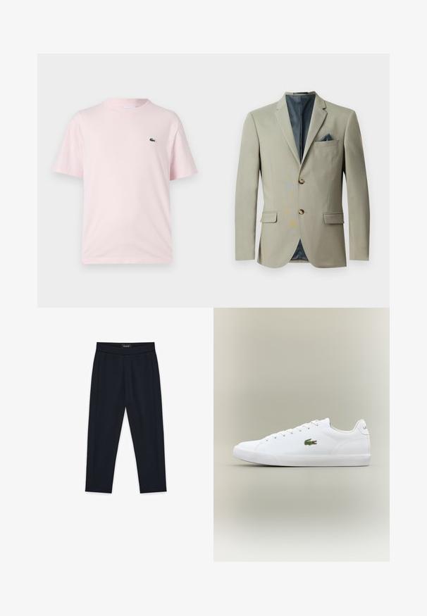 Blazer gris claro con dos botones dorados, solapas con muesca y un bolsillo en el pecho con un acento azul. Tejido suave y corte ajustado.; Camiseta de algodón de color rosa claro con mangas cortas. Presenta un pequeño logo bordado en verde en el lado izquierdo del pecho. Diseño de cuello redondo.; Pantalones negros de corte tapered con una pretina alta y elástica y bolsillos laterales, diseñados para un ajuste ceñido.; Zapatillas de cuero blanco con suela de goma texturizada, que presentan un logo de cocodrilo bordado en verde en el lateral y una imagen de marca minimalista.