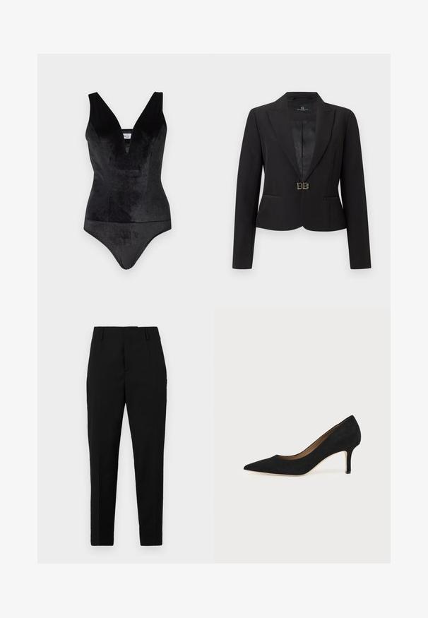 Blazer noir cintré à manches longues, col à revers crantés, deux poches avant et une fermeture à boucle argentée "BB" à la taille.; Bodysuit noir avec un décolleté en V profond, fabriqué en matériau doux et extensible, doté de larges bretelles et d'une silhouette ajustée.; Pantalons noirs avec une coupe ajustée, dotés de poches latérales, d'une texture lisse et d'un design épuré qui se resserre vers la cheville.; Escarpin en daim noir à bout pointu avec un talon stiletto fin de hauteur moyenne et un design à coupe basse sur un fond uni.