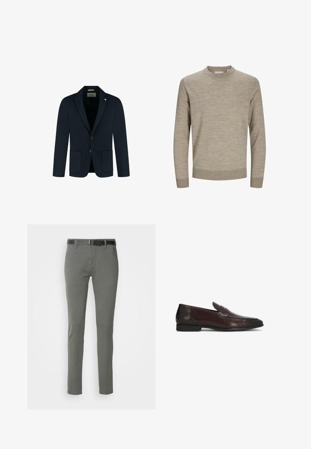 Mørkeblå skræddersyet blazer med to forlommer, to knapper og slået krave; lavet af glat stof med en subtil tekstur.; Beige langærmet rundhalset sweater med ribstrikkede ærmekanter og kant, vist på hvid baggrund.; Grå bomulds chinos med slim fit, der har et sort bælte, to sidelommer og et enkelt design. Blød tekstur uden synlige mønstre.; Mørkebrune læder penny loafers med lav hæl og rundet tå, klassisk slip-on design, sideprofil på hvid baggrund.