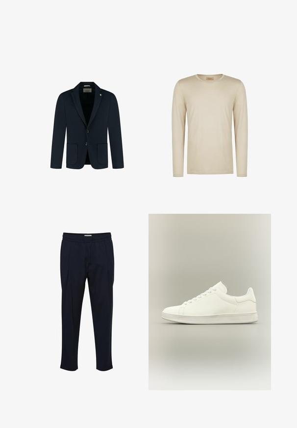 Mørkeblå skræddersyet blazer med to forlommer, to knapper og slået krave; lavet af glat stof med en subtil tekstur.; Beige langærmet skjorte lavet af blødt stof, med ribbet tekstur og rund hals med en kontrasterende udskæring. Minimalistisk design.; Marineblå skræddersyede bukser med snoretræk i taljen, plisseret front og tætsiddende ankler. Fremstillet af et glat, let materiale.; Minimalistisk hvid lavtop sneaker med snørebånd, glat læderoverdel og tekstureret gummisål vist på neutral baggrund.